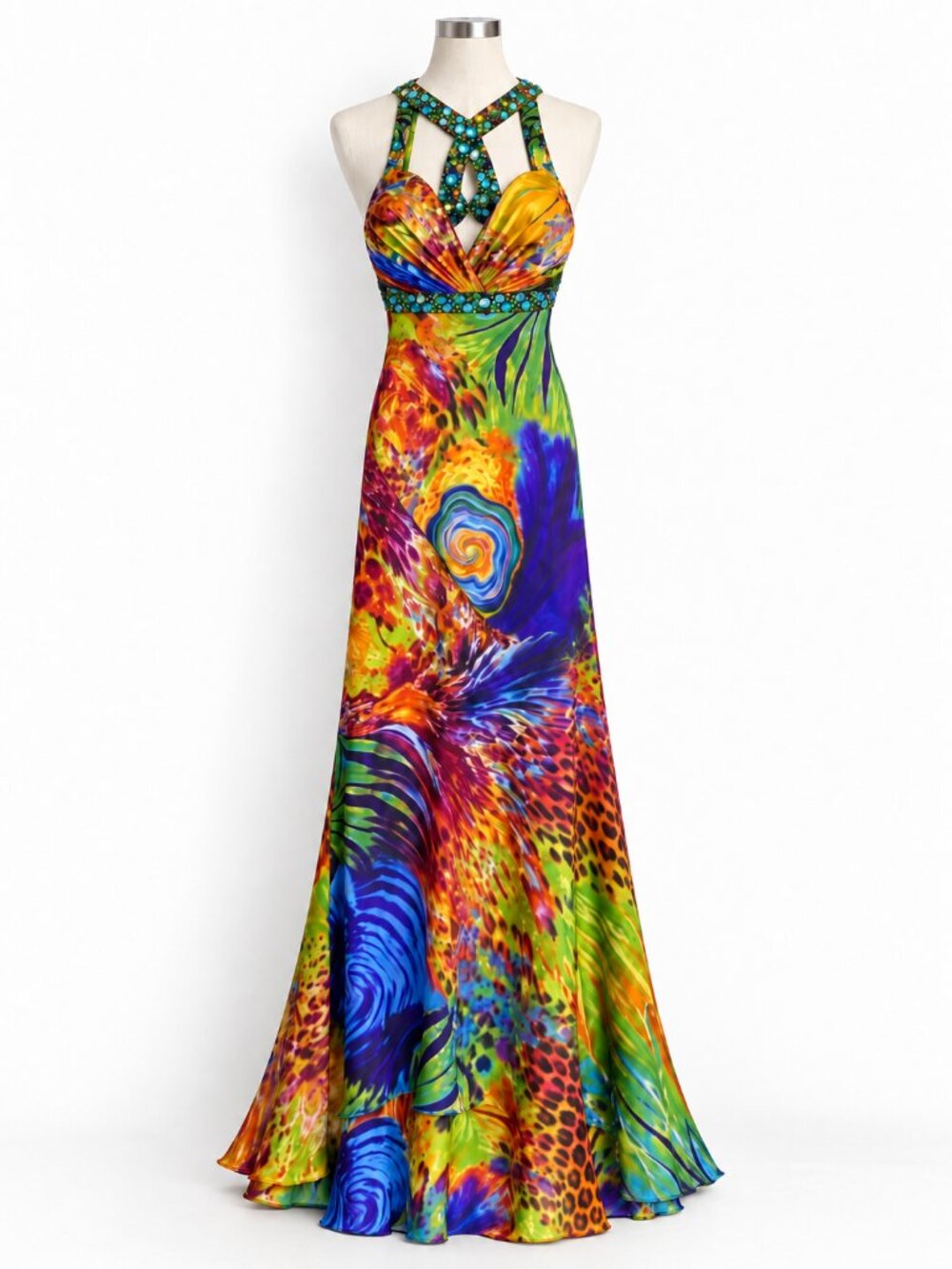 Niki Livas Multicolour Silk Jeweled Halter Maxi Gown Tagged 8 Fits XS
